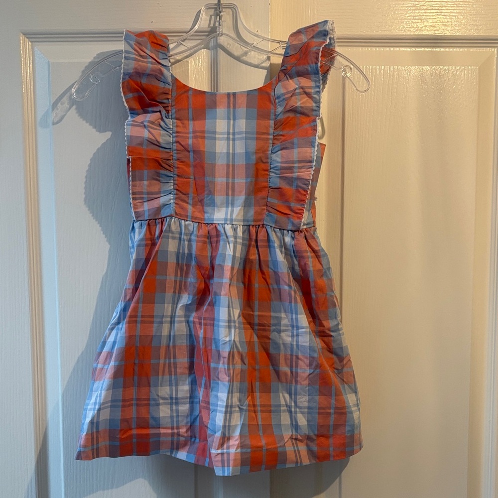 Vibrant Plaid Kids Dress in Orange and Blue